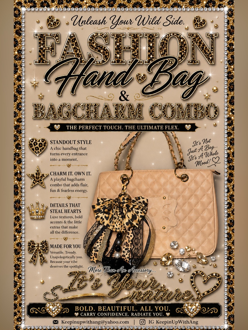 Quilted Beige Fashion Handbag with Leopard Bag Charm - Unbranded
